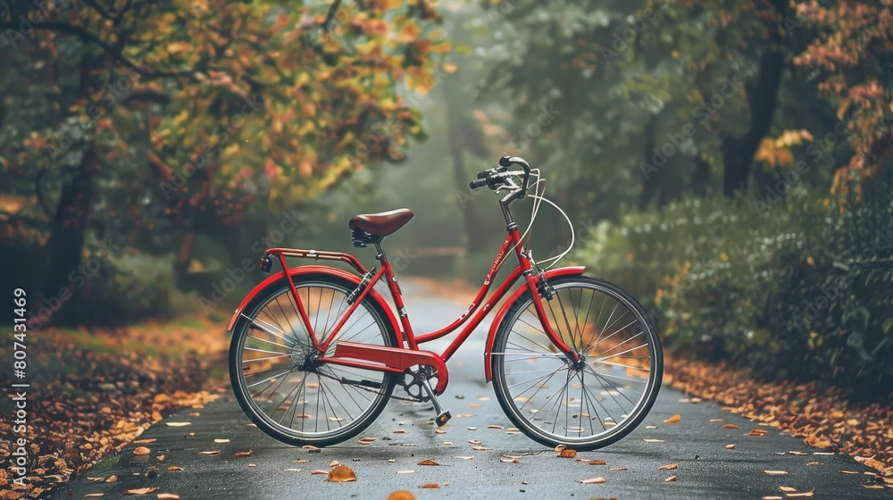 A red bicycle is parked on the roadside