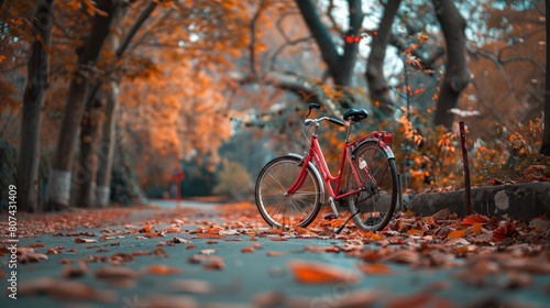 A red bicycle is parked on the roadside photo