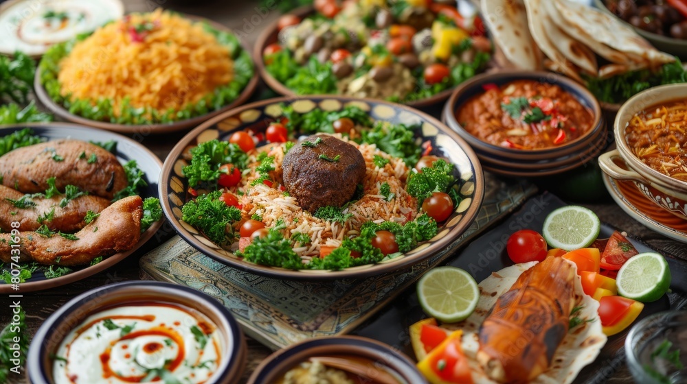 Arabic cuisine;Middle Eastern traditional lunch. It's also Ramadan 'Iftar'.The meal eaten by Muslims after sunset during Ramadan. Assorted of Egyptian oriental dishes.Served food for Family Gathering