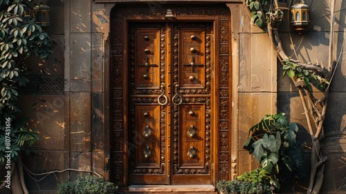 decorative wooden door, a classic wooden door with brass handle intricate carvings, a charming addition to any homes exterior