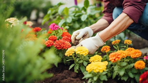 Woman putting beautiful flowers into the ground in the garden, arranging the garden, planting flowers in the garden,