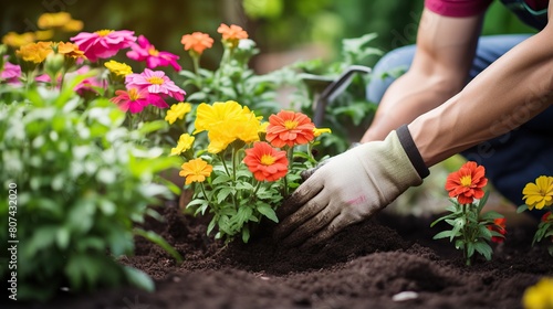 Woman putting beautiful flowers into the ground in the garden  arranging the garden  planting flowers in the garden 