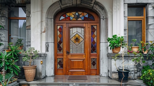 elegant entryway design, durable wooden door with stained glass window panel adds elegance to the buildings exterior design