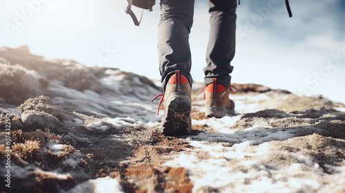 Footsteps of climbers wearing shoes walking over a rocky mountain landscape and a beautiful sunset view in the background. seen from behind