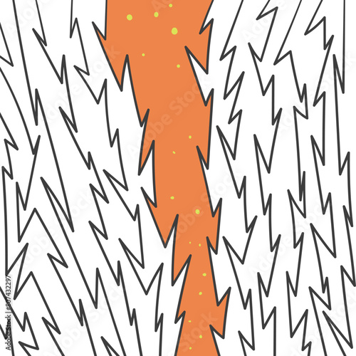 The sharp lines imitate many different lightning bolts. Between the general masses of these objects there is a shaded red area.