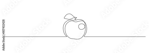 Continuous one line drawing of apple with leaf. Vegan fruit for health in simple linear style. Editable stroke. Doodle outline vector illustration