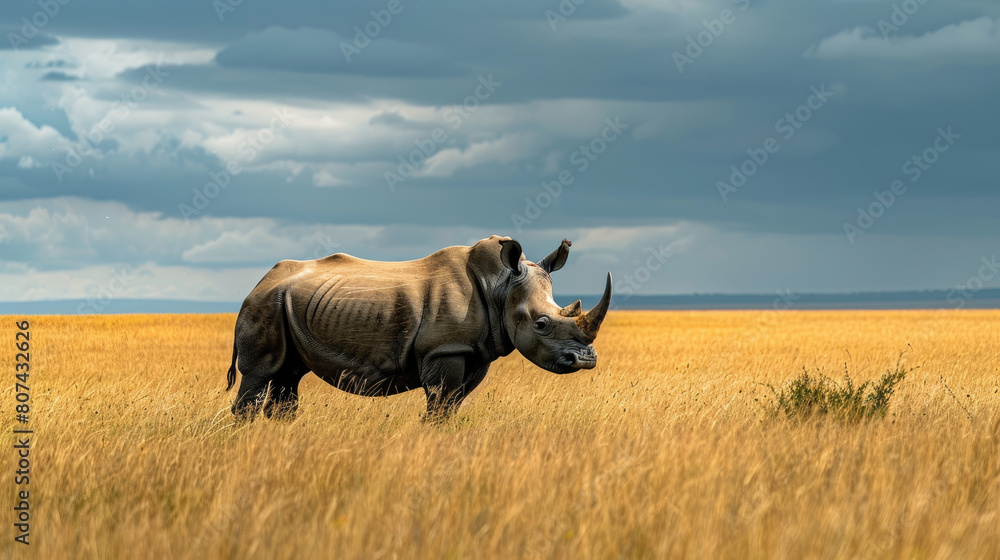 Obraz premium A rhinoceros standing in the savannah, surrounded by tall grass and blue sky with white clouds