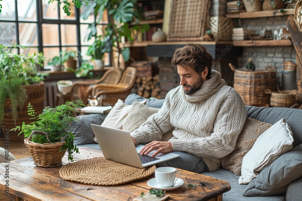 man using a laptop sitting on a sofa in the living room man using a laptop sitting on a sofa in the living room