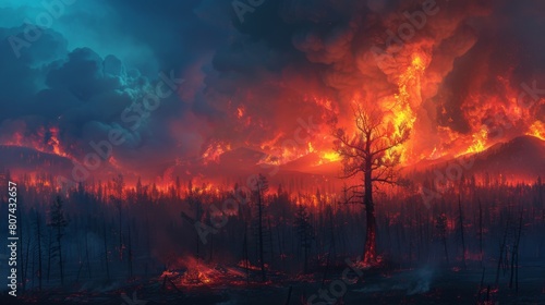 A Fire Raging Across a Forest in the Middle of the Night With a Lone Tree Standing In Front of It - Generative AI