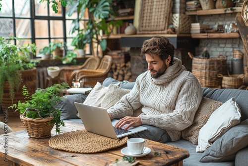 man using a laptop sitting ...