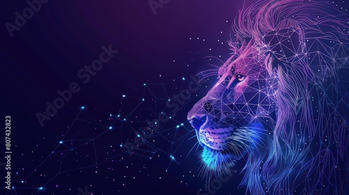 Abstract digital lion in polygons  lines and connected dots. King of beasts. Technology wild concept. Low Poly Wireframe 3D AI generated