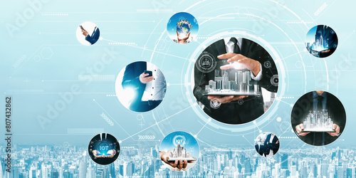 Communication technology , smart connection IOT and people network technology concept. People using connective device to connect to the secured internet network and cloud computing server vexel