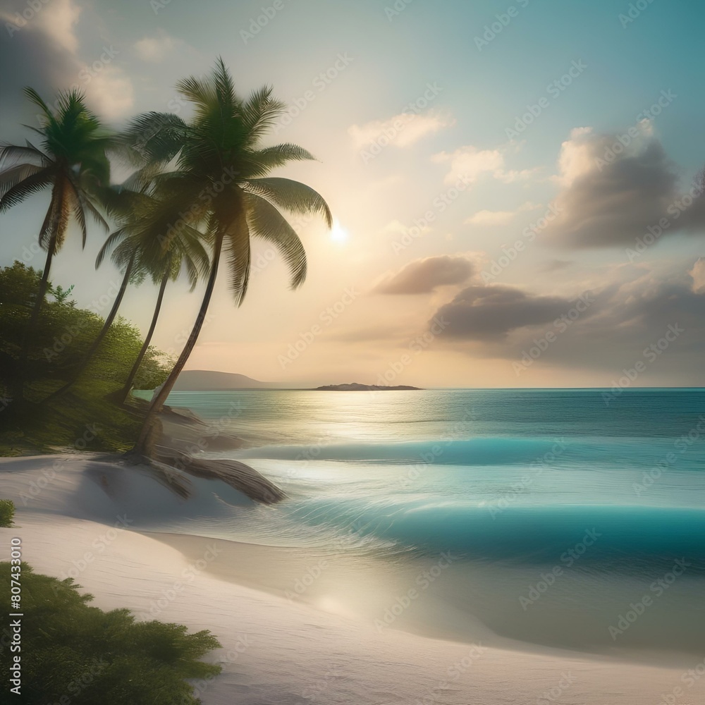 A serene beach scene with palm trees, white sand, and crystal-clear turquoise water3