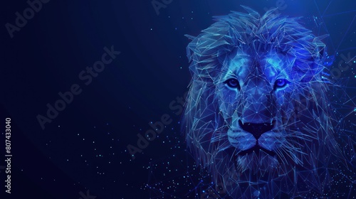 Abstract digital lion in polygons, lines and connected dots. King of beasts. Technology wild concept. Low Poly Wireframe 3D AI generated