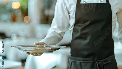 Waiter in black apron holding empty silver tray restaurant setting