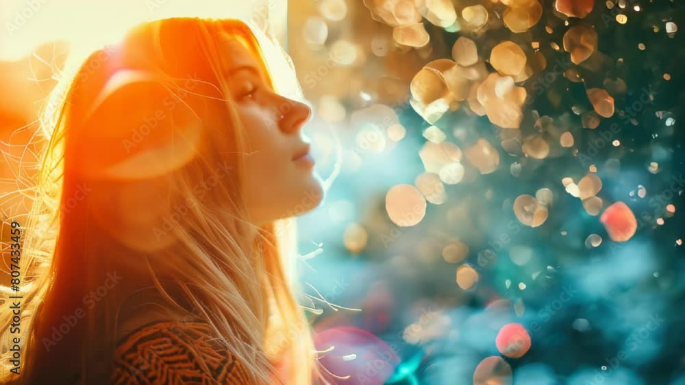 Side view of woman with sunlight and bokeh effect Side view of woman with sunlight and bokeh effect