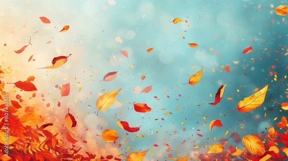 Autumn leaves falling in a soft breeze on a bright background. Autumnal beauty and season change concept. Design for wallpaper, greeting card.