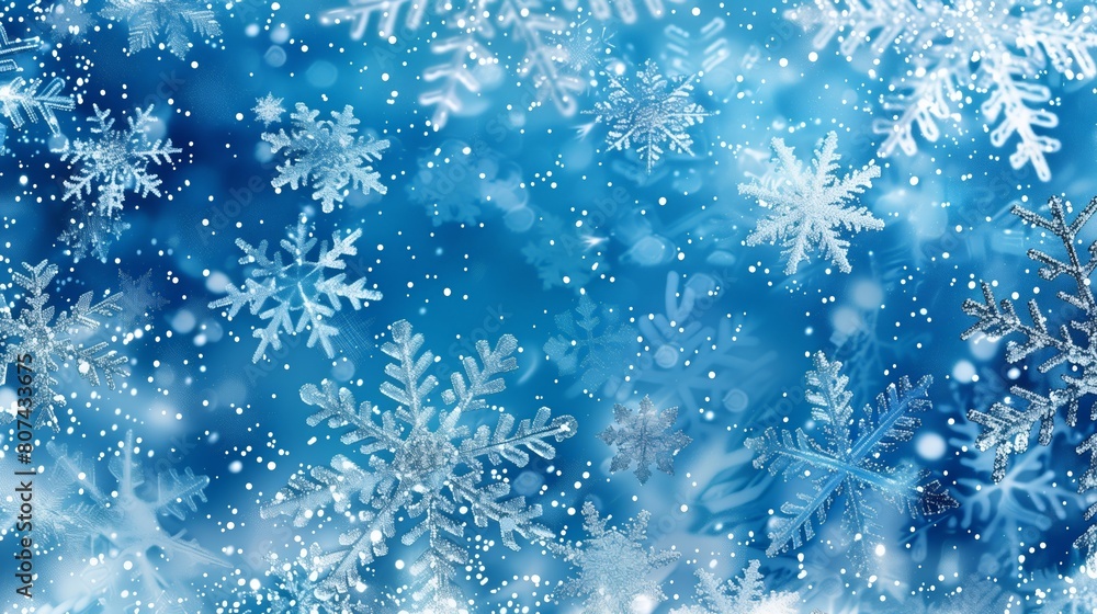 Snowflakes sparkling on a frosty blue background. Winter wonderland and holiday season concept. Design for wallpaper, greeting card. Snowflakes sparkling on a frosty blue background. Winter wonderland and holiday season concept. Design for wallpaper, greeting card.