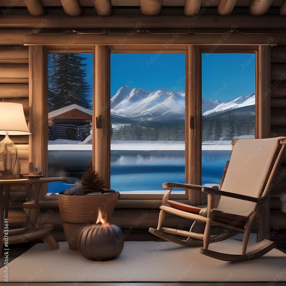A cozy log cabin with a crackling fire, a rocking chair, and a view of the snow-covered mountains2