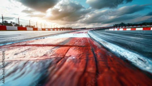 Low-angle view of racetrack with red and white curbs under dramatic sky photo