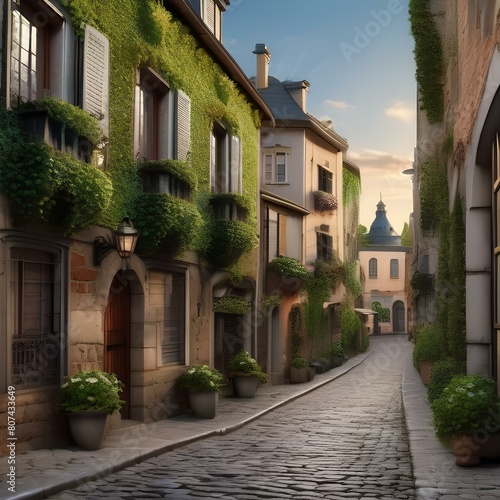 A charming cobblestone street with ivy-covered buildings  antique street lamps  and wrought-iron balconies5