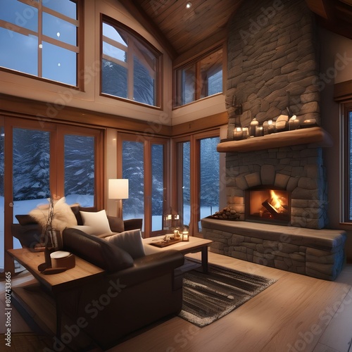 A cozy winter cabin with a roaring fireplace, a steaming mug of cocoa, and snow falling outside2 photo