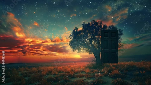 Surreal landscape with door standing alone under starry twilight sky photo