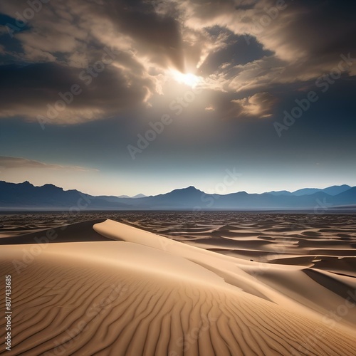 A dramatic desert landscape with towering sand dunes  a blazing sun  and a clear  blue sky1