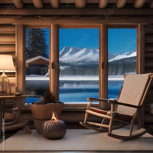 A cozy log cabin with a crackling fire  a rocking chair  and a view of the snow-covered mountains2