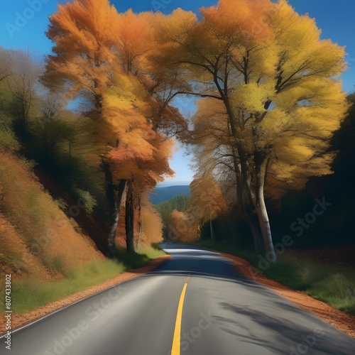 A picturesque country road lined with colorful trees, rolling hills, and a bright blue sky5 photo