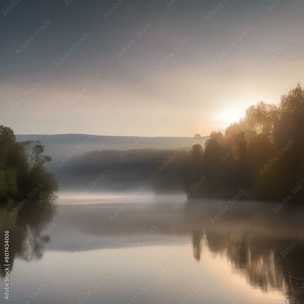 A serene lake at dawn, with mist rising off the water and the first light of day breaking through the clouds2