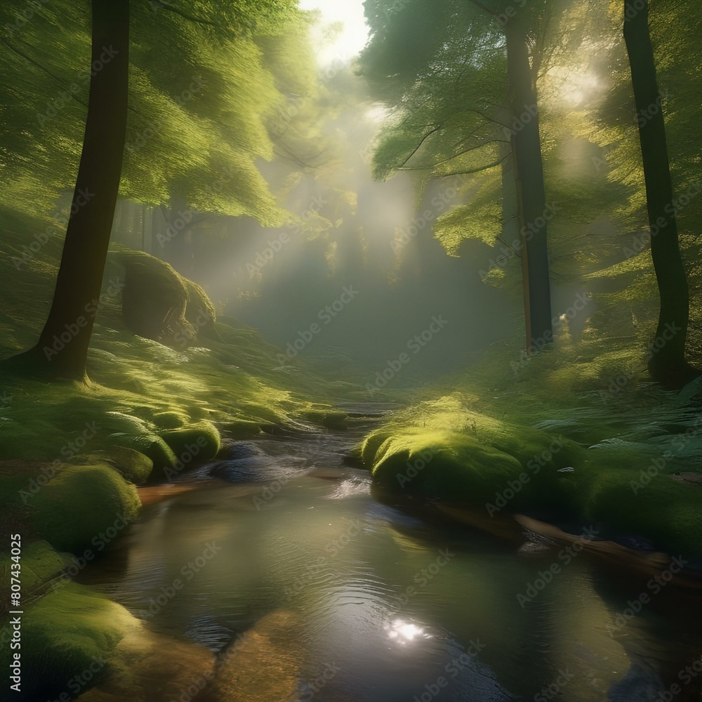 A peaceful forest glade with dappled sunlight, a babbling brook, and a carpet of moss1