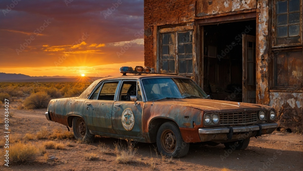 An old, abandoned, rust-ridden police car