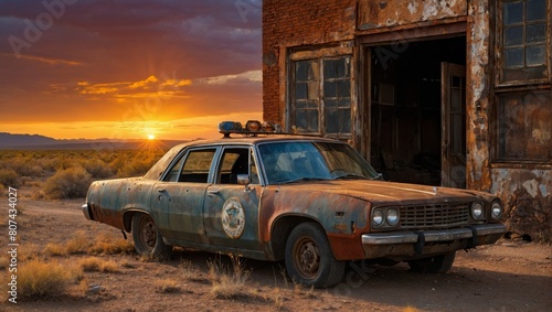 An old  abandoned  rust-ridden police car