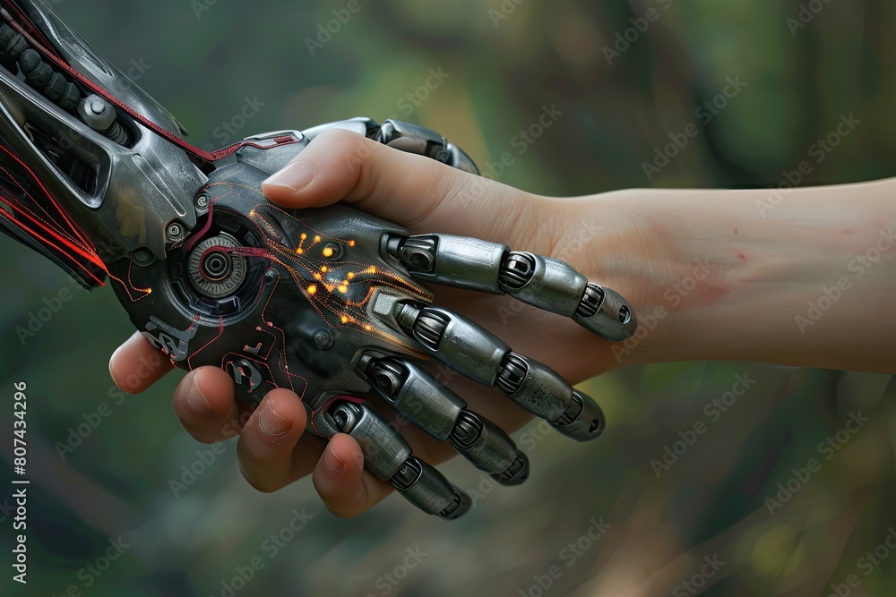 A robot hand is holding a human hand. The robot hand is made of metal and has a red button on it A robot hand is holding a human hand. The robot hand is made of metal and has a red button on it