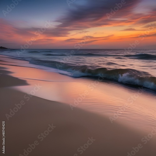 A serene beach at sunset  with gentle waves rolling onto the shore and a colorful sky overhead4