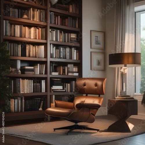 A cozy reading nook with a comfortable chair, a stack of books, and a soft, reading lamp1