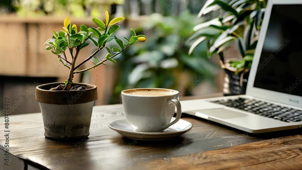 Laptop on wooden table with cup of coffee and potted plant Laptop on wooden table with cup of coffee and potted plant