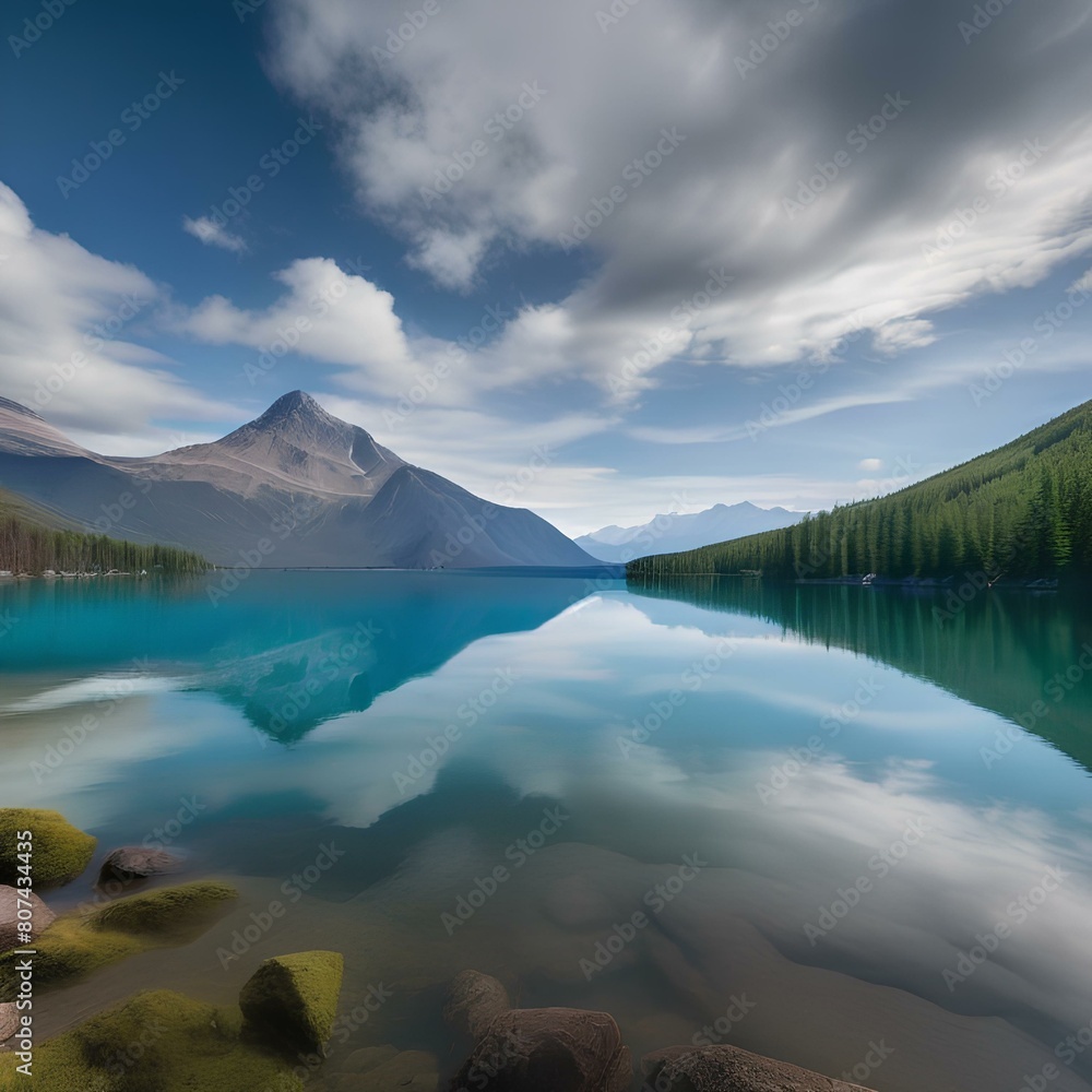 A tranquil mountain lake reflecting the surrounding peaks and a clear, blue sky5