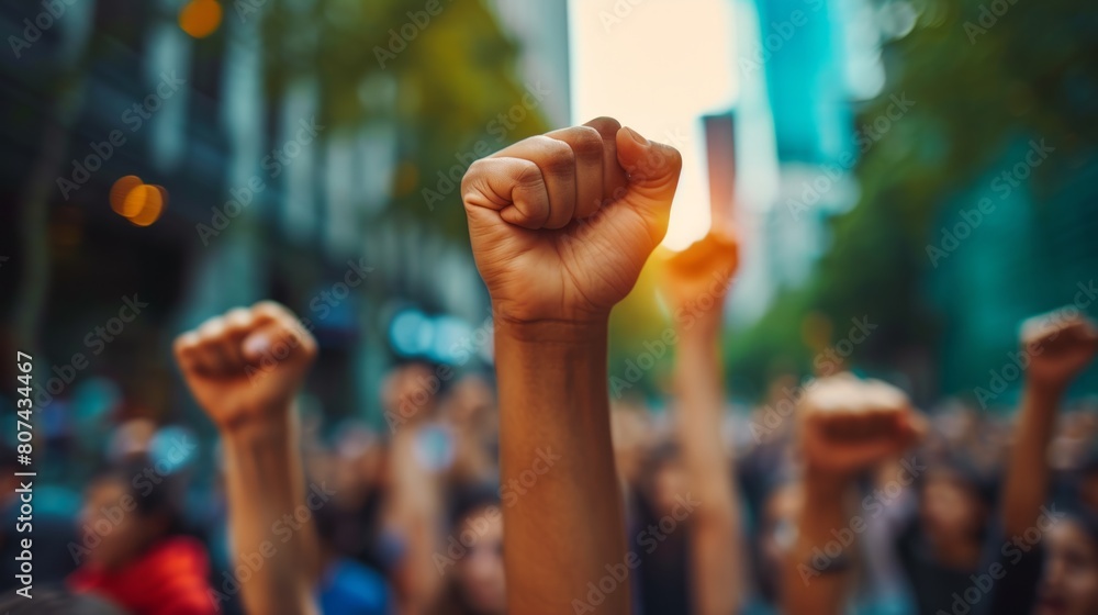 A group of diverse individuals raising their fists in a gesture of unity and defiance at a protest. A group of diverse individuals raising their fists in a gesture of unity and defiance at a protest.