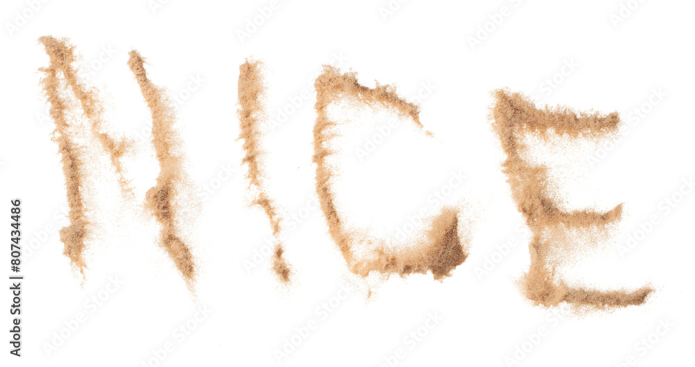 NICE Text Word of Sand letter. Calligraphy of Sand flying explosion with NICE text wording in alphabet english letter. White background Isolated throwing particle element object NICE Text Word of Sand letter. Calligraphy of Sand flying explosion with NICE text wording in alphabet english letter. White background Isolated throwing particle element object