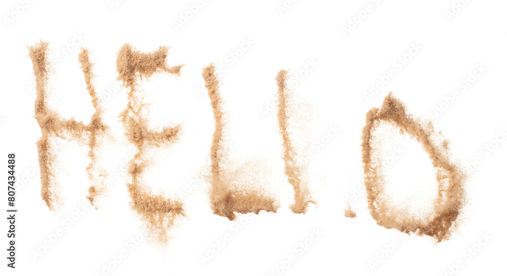 HELLO Text Word of Sand letter. Calligraphy of Sand flying explosion with HELLO text wording in alphabet english letter. White background Isolated throwing particle element object HELLO Text Word of Sand letter. Calligraphy of Sand flying explosion with HELLO text wording in alphabet english letter. White background Isolated throwing particle element object