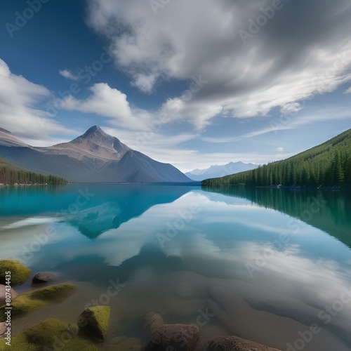 A tranquil mountain lake reflecting the surrounding peaks and a clear, blue sky5 photo