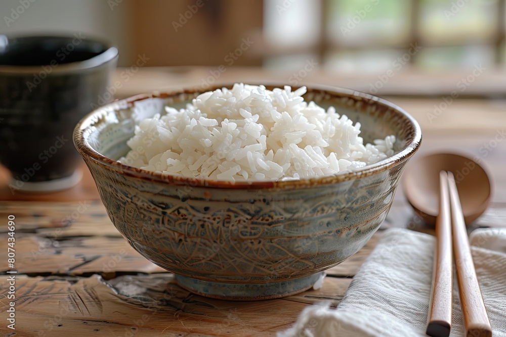 A bowl of white rice is sitting on a wooden table with chopsticks next to it. The bowl is filled with rice and there are two cups on the table. Concept of simplicity and comfort A bowl of white rice is sitting on a wooden table with chopsticks next to it. The bowl is filled with rice and there are two cups on the table. Concept of simplicity and comfort