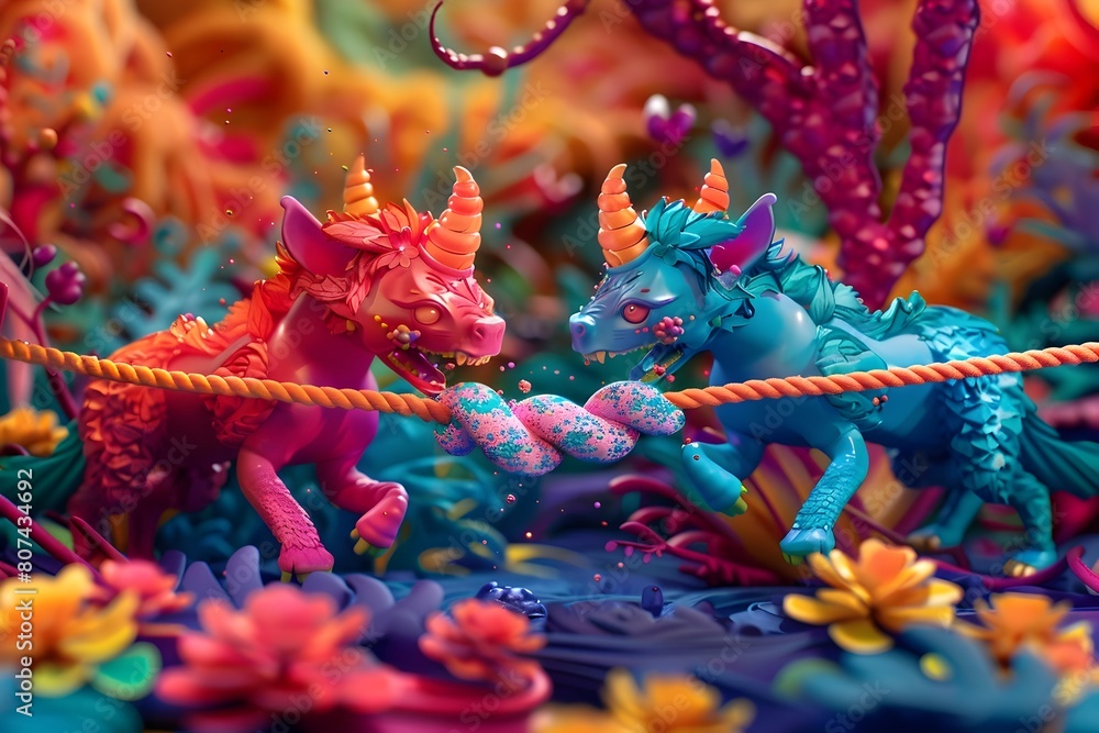 Whimsical Mythical Beasts in Vibrant Jewel Toned Palette Engaged in Playful Tug of War