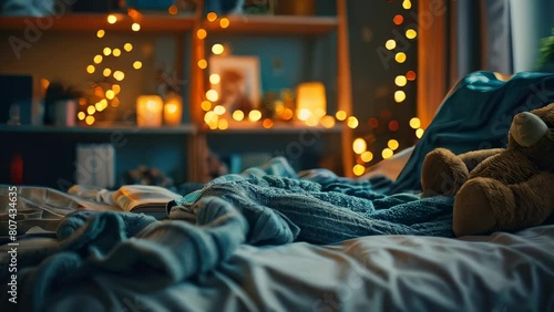 Cozy bedroom with bear on bed and warm string lights in background photo
