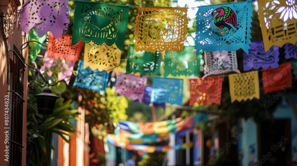 Fototapeta premium Colorful papel picado flags hang from a string across the street.