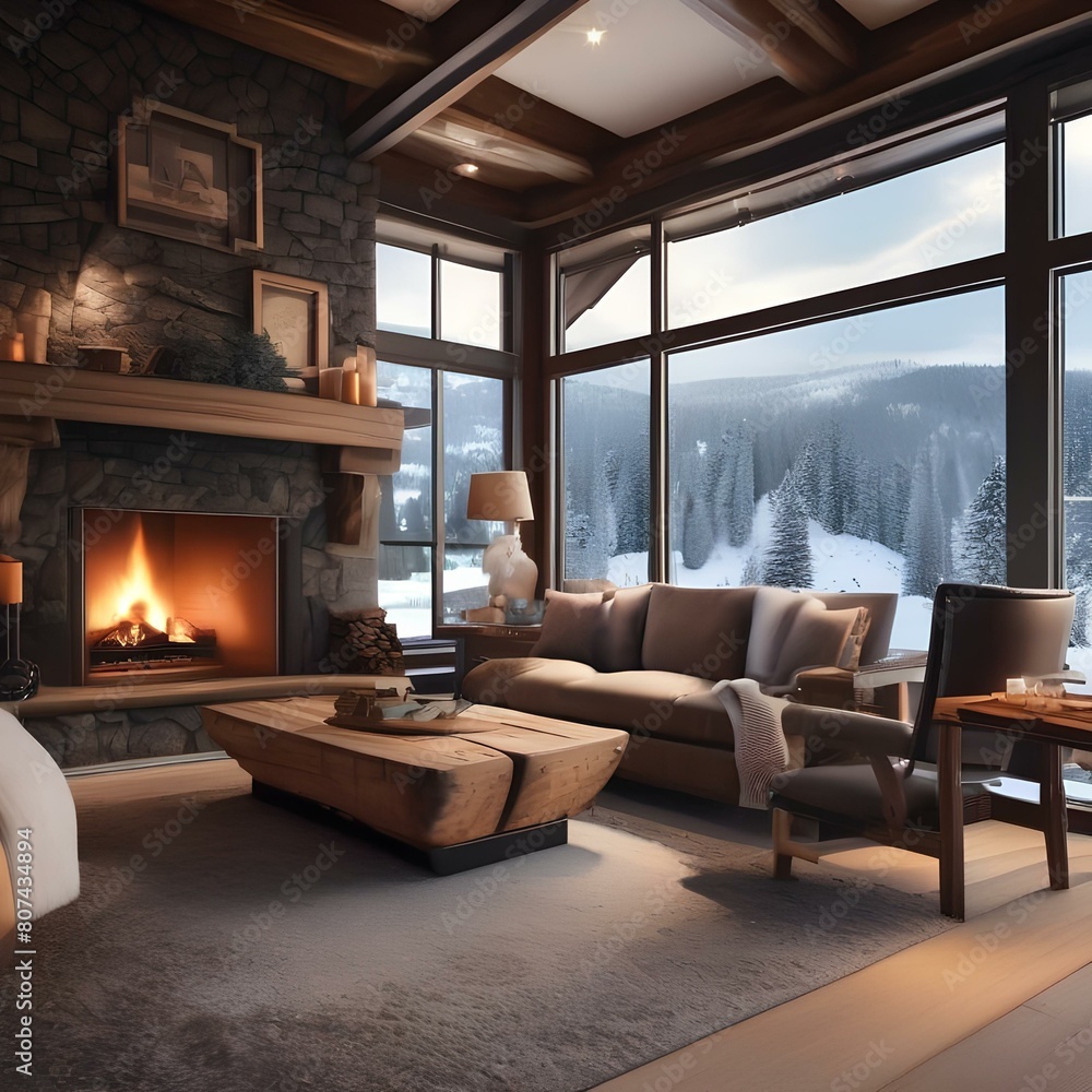 Fototapeta premium A cozy ski lodge with a roaring fireplace, ski equipment, and a view of the slopes4