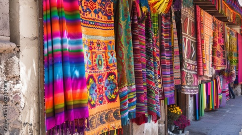 Colorful mexican serapes hanging on a wall