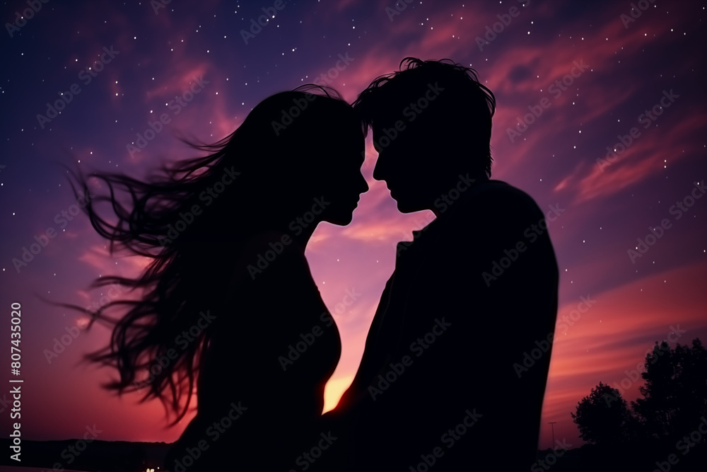 Photo depicting the silhouette of a couple poised in a tender embrace, set against a breathtaking twilight sky adorned with stars. Created with Generative AI technology